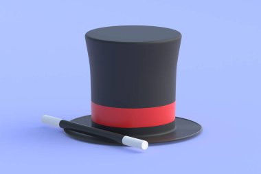Sihirli silindir ve sopa. Büyü konsepti. Sihirli aksesuar. Gizemli gösteri. İllüzyon numarası. Sirk gösterisi. 3d hazırlayıcı
