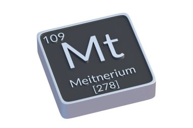 Meitnerium Dağı 'nın kimyasal elementi periyodik tablonun beyaz arka planda izole edildi. Kimya elementinin metalik sembolü. 3d hazırlayıcı