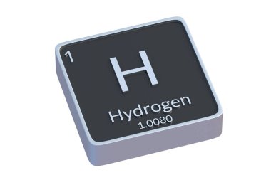 Periyodik tablonun hidrojen H kimyasal elementi beyaz arkaplanda izole edilmiş. Kimya elementinin metalik sembolü. 3d hazırlayıcı