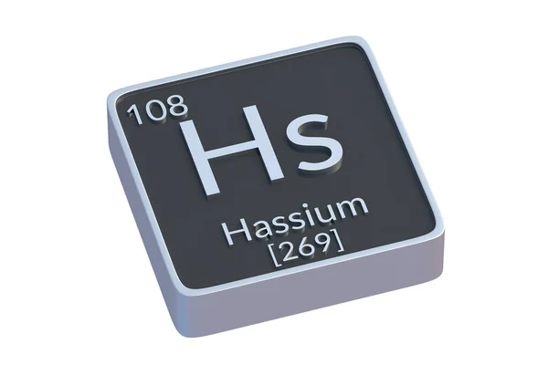 Hassium Pierwiastek Chemiczny Układu Okresowego Izolowany Białym Tle Metalowy Symbol — Zdjęcie stockowe