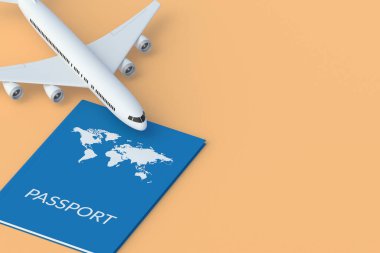 Uçağın yanındaki pasaport. Seyahat konsepti. Yaz tatili. Dünya çapında bir yolculuk. Uzayı kopyala 3d hazırlayıcı