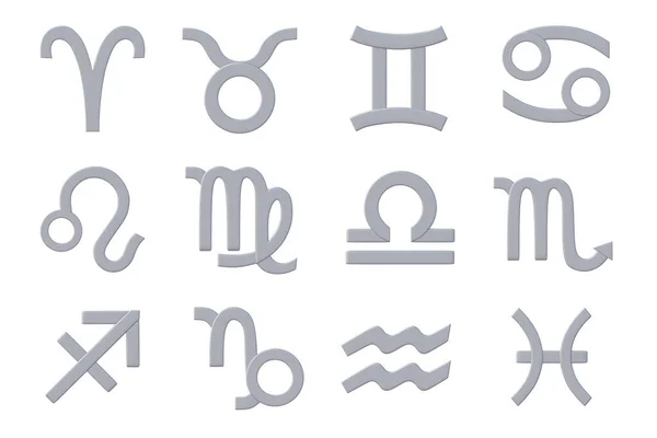 Астрологические Знаки Выделены Белом Фоне Набор Металлических Символов Зодиака Рендеринг — стоковое фото