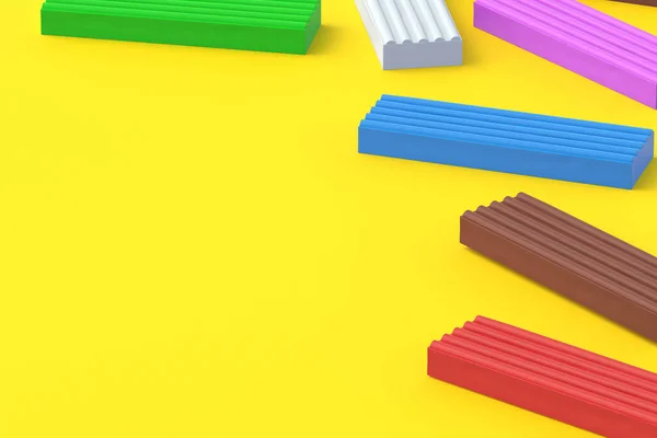黄色背景上散落的塑料砖 制作粘土模型 给孩子们的玩具学前教育 学前教育 复制空间 3D渲染 — 图库照片