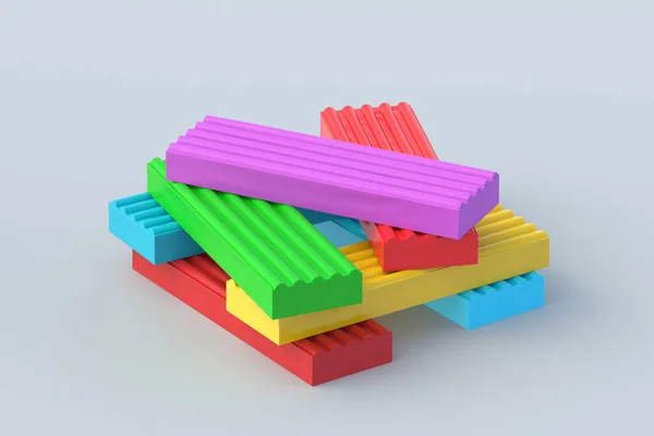 灰色背景的彩色塑料砖堆积如山 制作粘土模型 给孩子们的玩具学前教育 学前教育 3D渲染 — 图库照片