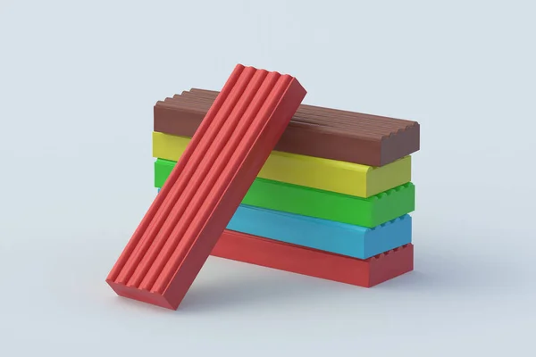Stapel Kleurrijke Plasticine Bakstenen Grijze Achtergrond Modelleren Van Klei Speelgoed — Stockfoto