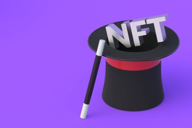 Sihirli şapkayla NFT yazıtları. Para iadesi olmayan jeton. Engelleme teknolojisi konsepti. Dijital pazarlama. Modern sanat. Kripto sanat eseri. Uzayı kopyala 3d hazırlayıcı