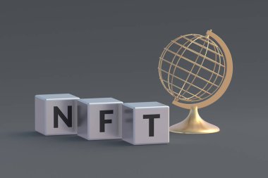 Küp yakınlarındaki NFT yazıtları. Para iadesi olmayan jeton. Engelleme teknolojisi konsepti. Dijital pazarlama. Modern sanat. Kripto sanat eseri. 3d hazırlayıcı