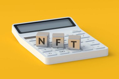 Hesap makinesinin yanındaki küplere NFT yazıtları. Para iadesi olmayan jeton. Engelleme teknolojisi konsepti. Dijital pazarlama. Modern sanat. Kripto sanat eseri. 3d hazırlayıcı