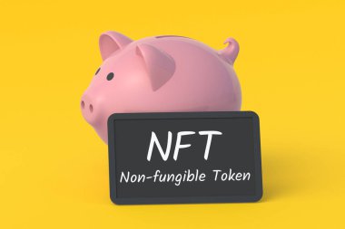 Kumbaranın yanındaki karatahtaya NFT yazılıydı. Para iadesi olmayan jeton. Engelleme teknolojisi konsepti. Dijital pazarlama. Modern sanat. Kripto sanat eseri. 3d hazırlayıcı