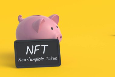 Kumbaranın yanındaki karatahtaya NFT yazılıydı. Para iadesi olmayan jeton. Engelleme teknolojisi konsepti. Dijital pazarlama. Modern sanat. Kripto sanat eseri. Uzayı kopyala 3d hazırlayıcı