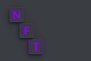 Neon düğmelerdeki NFT yazıtları. Para iadesi olmayan jeton. Engelleme teknolojisi konsepti. Dijital pazarlama. Modern sanat. Kripto sanat eseri. Üst Manzara. Uzayı kopyala 3d hazırlayıcı