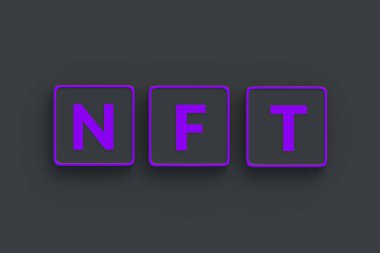 Neon düğmelerdeki NFT yazıtları. Para iadesi olmayan jeton. Engelleme teknolojisi konsepti. Dijital pazarlama. Modern sanat. Kripto sanat eseri. Üst Manzara. 3d hazırlayıcı