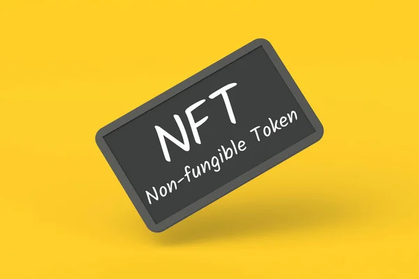 stock image NFT inscription on chalkboard. Non-fungible token. Blockchain technology concept. Digital marketing. Modern art. Crypto artwork. 3d render