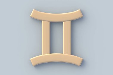 İkizler burcu. Metalik altın zodyak sembolü. Yıldız falı ve numeroloji. Astrolojik takvim. Üst Manzara. 3d hazırlayıcı