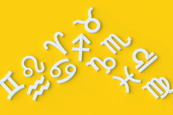 Wiele Znaków Astrologicznych Żółtym Tle Metalowy Złoty Symbol Zodiaku Horoskop — Zdjęcie stockowe