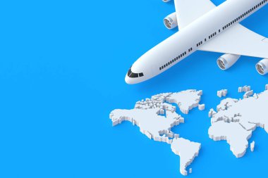 Dünya haritasının yanındaki uçak. Tatil konsepti. Uluslararası seyahat. Yaz tatili. Uzayı kopyala 3d hazırlayıcı
