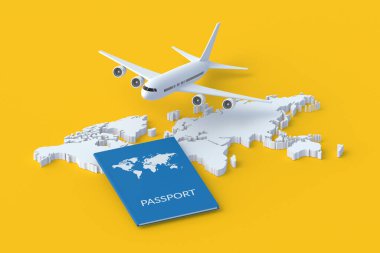 Pasaport, dünya haritası ve uçak yakınında. Tatil konsepti. Uluslararası seyahat. Yaz tatili. 3d hazırlayıcı