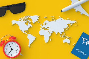 Pasaportun yanındaki dünya haritası, çalar saat, uçak ve güneş gözlüğü. Tatil konsepti. Uluslararası seyahat. Yaz tatili. Üst Manzara. 3d hazırlayıcı