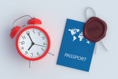 Pasaport, mühür balmumunun yanında, vizesi ve çalar saati var. Tatil konsepti. Uluslararası seyahat. Yaz tatili. Üst Manzara. 3d hazırlayıcı