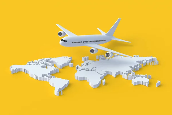 Samolot Pobliżu Mapy Świata Koncepcja Wakacji Podróże Międzynarodowe Wakacje Renderowanie — Zdjęcie stockowe