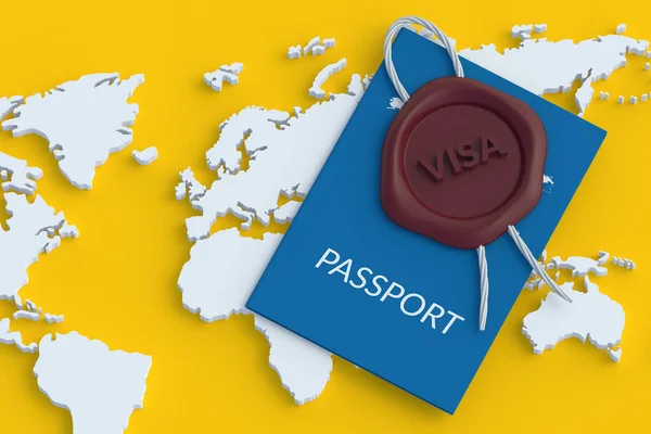 Pasaporte Cerca Cera Sello Con Visa Palabra Mapa Del Mundo — Foto de Stock