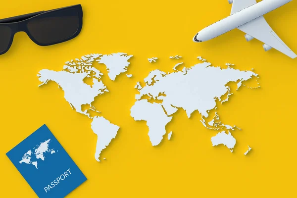 Paszport Mapie Świata Samolot Okulary Przeciwsłoneczne Koncepcja Wakacji Podróże Międzynarodowe — Zdjęcie stockowe