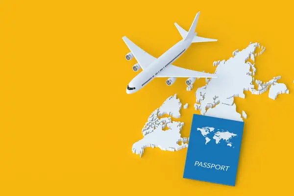 世界地図や飛行機の近くのパスポート 休暇の概念 国際旅行 夏休みだ コピースペース 3Dレンダリング — ストック写真