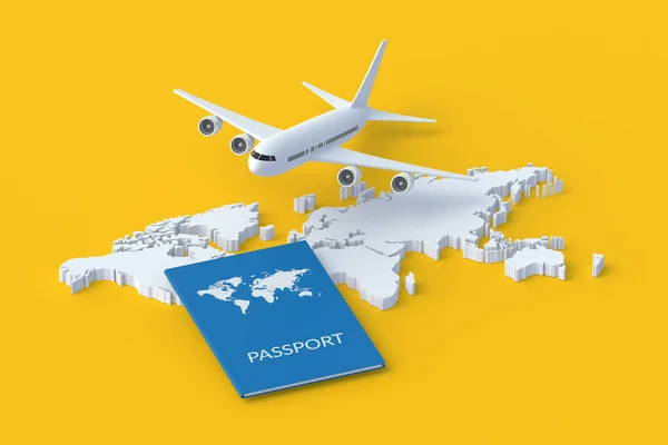 世界地図や飛行機の近くのパスポート 休暇の概念 国際旅行 夏休みだ 3Dレンダリング — ストック写真
