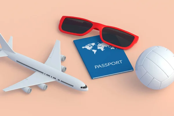 Passport Red Sunglasses Volleyball Ball Plane Vacation Concept International Travel — Stock Photo, Image