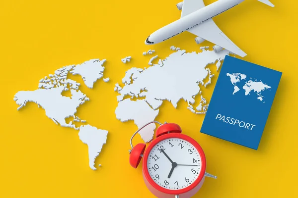 目覚まし時計 飛行機 世界地図の近くのパスポート 休暇の概念 国際旅行 夏休みだ 3Dレンダリング — ストック写真