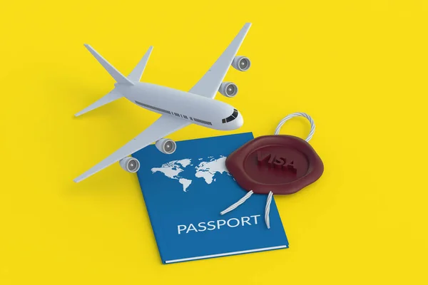ビザと飛行機でシールワックスの近くのパスポート 休暇の概念 国際旅行 夏休みだ 3Dレンダリング — ストック写真