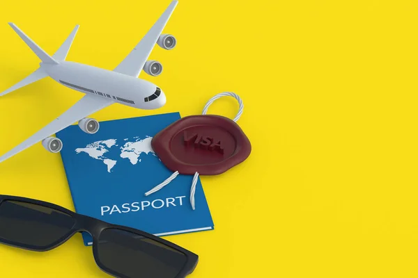 サングラス 飛行機とシールワックスの近くのパスポート 休暇の概念 国際旅行 夏休みだ コピースペース 3Dレンダリング — ストック写真