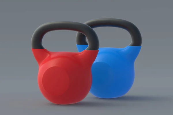 灰色背景的Kettlebells 运动器材 力量提升训练 练练习题健康的生活方式3D渲染 — 图库照片
