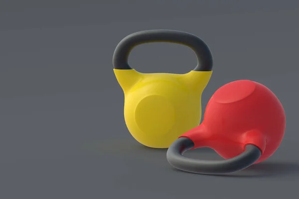 灰色背景的Kettlebells 运动器材 力量提升训练 练练习题健康的生活方式复制空间 3D渲染 — 图库照片