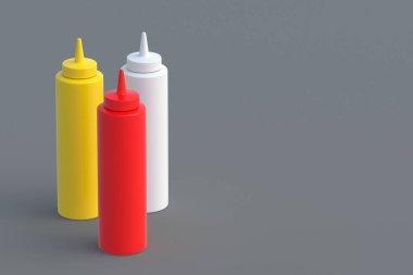 Soslar için şişeler. Fast food konsepti. Uzayı kopyala 3d hazırlayıcı