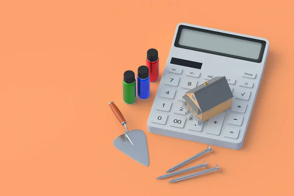Calculator near building and tools. Construction cost. Repair estimate. Restoration price. Real estate recovery budget. Purchase, sale of construction tools. Copy space. 3d render