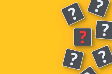 Soru sembollü buzdolabı mıknatısı. Doğru cevap. Yanlış soru. Faq ve destek. Problem çözümü konsepti. Şüpheli bir karar. Bilgi ara. Üst Manzara. Uzayı kopyala 3d hazırlayıcı