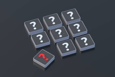 Soru işaretli küpleri. Doğru cevap. Yanlış soru. Faq ve destek. Problem çözümü konsepti. Şüpheli bir karar. Bilgi ara. 3d hazırlayıcı