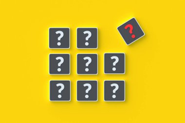 Soru, beyaz ve kırmızı renkleri simgeler. Doğru cevap. Yanlış soru. Faq ve destek. Problem çözümü konsepti. Şüpheli bir karar. Bilgi ara. Üst Manzara. 3d hazırlayıcı