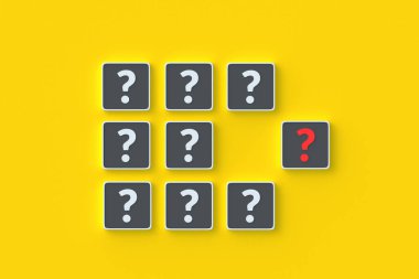 Soru işaretli küpleri. Doğru cevap. Yanlış soru. Faq ve destek. Problem çözümü konsepti. Şüpheli bir karar. Bilgi ara. Üst Manzara. 3d hazırlayıcı