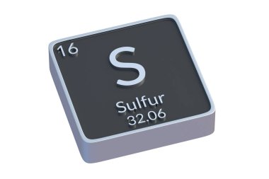 Periyodik tablodaki sülfür S kimyasal elementi beyaz arkaplanda izole edilmiş. Kimya elementinin metalik sembolü. 3d hazırlayıcı