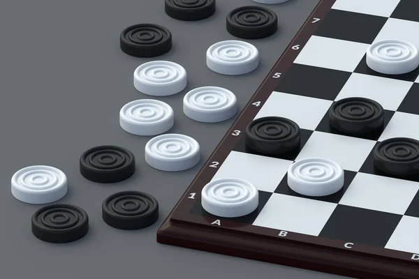 Draughts on gray background. Board game. Beginner training. International championship. Pastime with family. 3d render