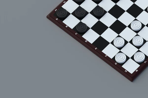 Draughts on gray background. Board game. Beginner training. International championship. Pastime with family. Top view. Copy space. 3d render