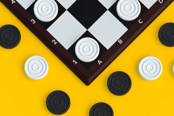 Draughts on yellow background. Board game. Beginner training. International championship. Pastime with family. Top view. 3d render