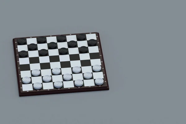 Draughts on gray background. Board game. Beginner training. International championship. Pastime with family. Copy space. 3d render