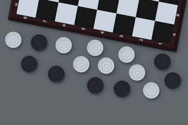 Διασκορπισμένα Ρεύματα Κοντά Στην Σκακιέρα Στο Γκρι Τραπέζι Επιτραπέζιο Παιχνίδι — Φωτογραφία Αρχείου