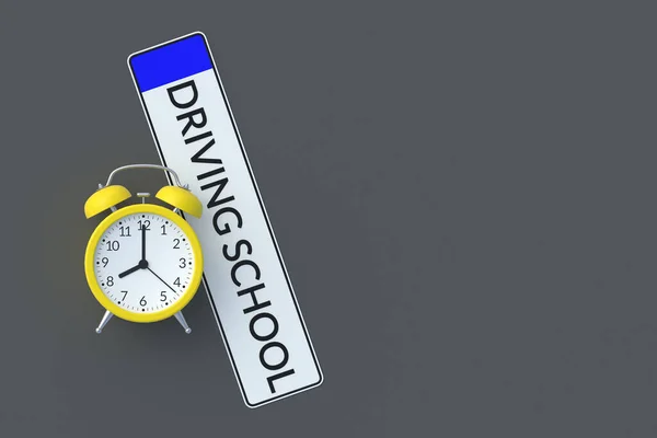 Driving School Inscription Car License Plate Alarm Clock Studying Time — Stock Photo, Image
