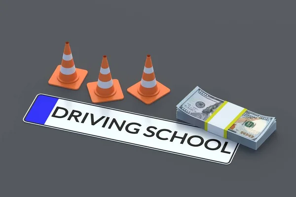 Napis Szkoły Jazdy Tablicy Rejestracyjnej Samochodu Pobliżu Stożków Drogowych Stos — Zdjęcie stockowe