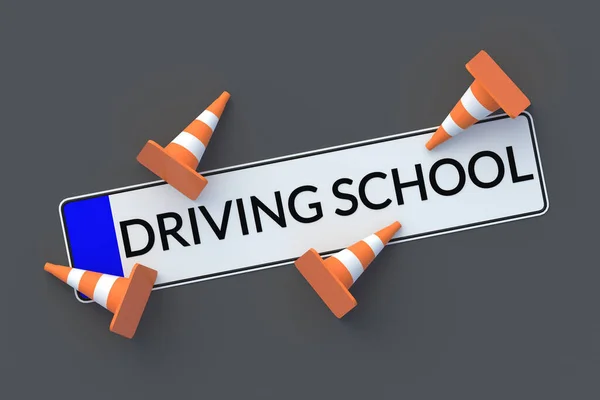 Napis Szkoły Jazdy Tablicy Rejestracyjnej Samochodu Pobliżu Stożków Drogowych Prawo — Zdjęcie stockowe