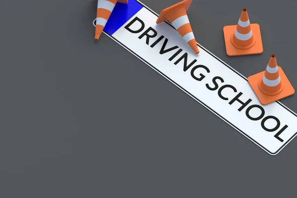 Водіння Шкільного Напису Номерних Знаках Автомобіля Поблизу Конусів Закони Дорожнього — стокове фото